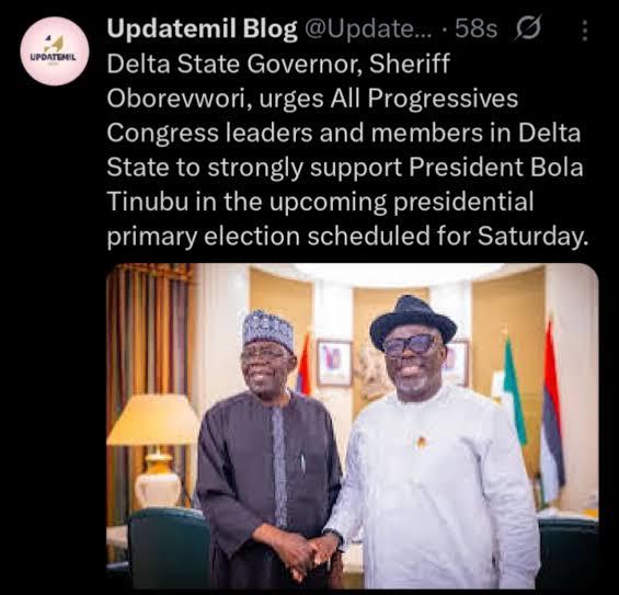 Delta Governor Oborevwori Endorses Tinubu’s 2027 Re-Election Bid, Cites Family Ties and Economic Reforms